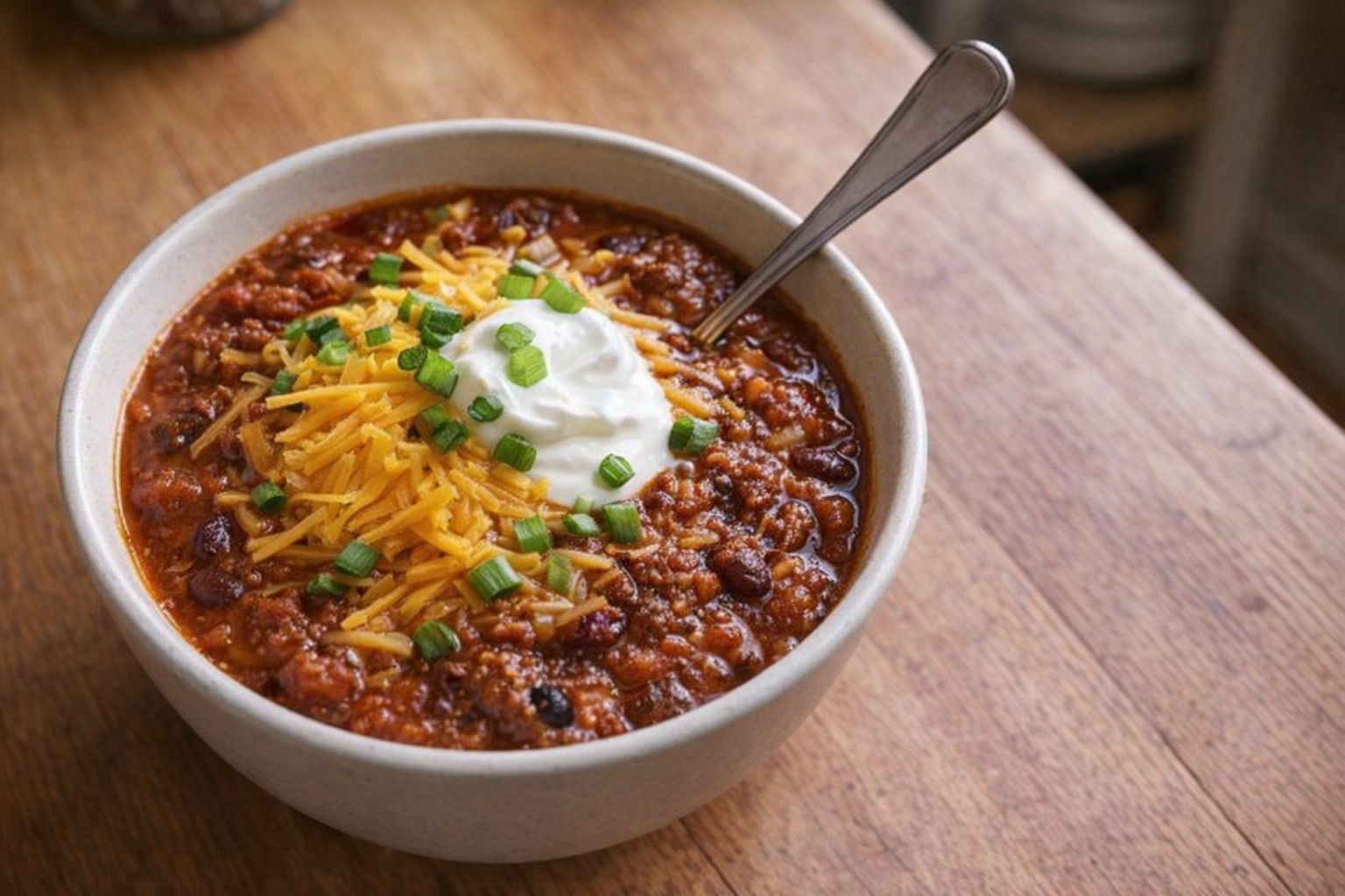 A top-down shot of a bowl of homemade chili, garnished with shredded cheddar cheese, a dollop of sour cream, and chopped green onions, sitting on a wooden table with a spoon resting in the bowl. Warm, inviting lighting